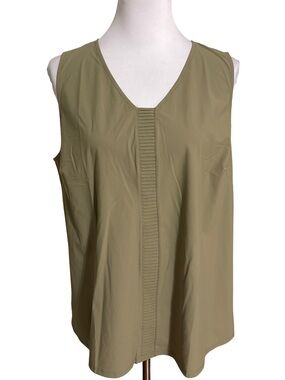 MarlaWynne Olive Sleeveless V-Neck Tank with Pleated Front Trim